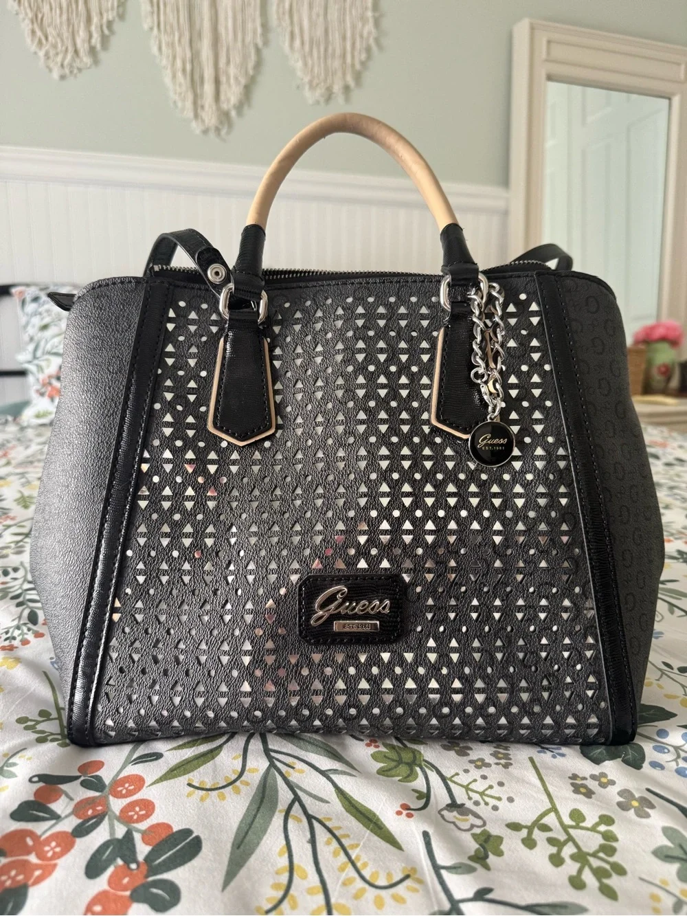 Guess Black Satchel with Cream Top Handle and Laser-Cut Front